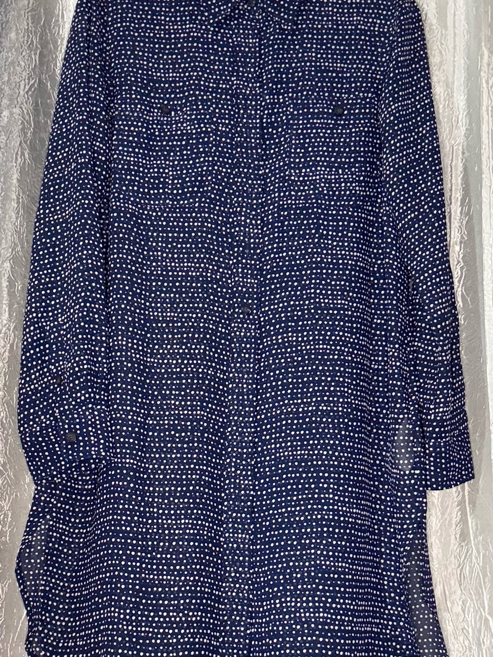 Chaps Navy and White Polka Dot Long-Sleeve Shirt Dress